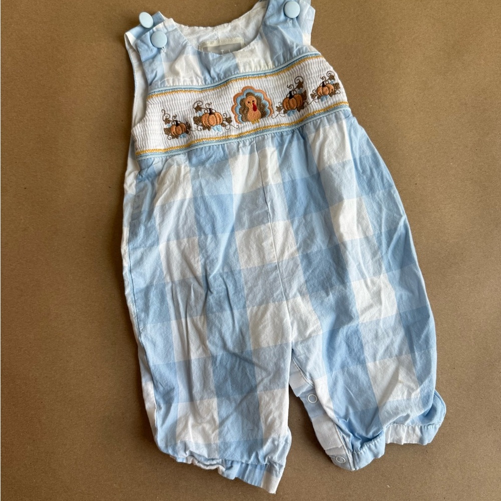 Lil Cactus Blue and White Checkered turkey Baby Romper